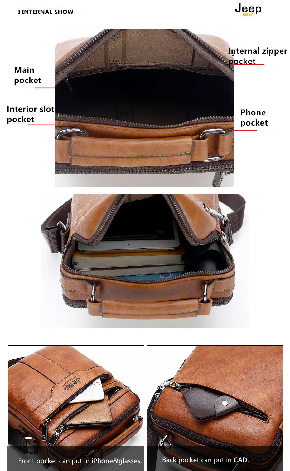 JEEP BULUO  High quality Tote Fashion Business Man Messenger Bag Big Size Split Leather Bags Brand Men's Crossbody Shoulder Bags