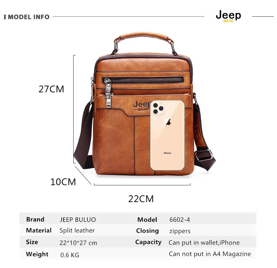 JEEP BULUO  High quality Tote Fashion Business Man Messenger Bag Big Size Split Leather Bags Brand Men's Crossbody Shoulder Bags