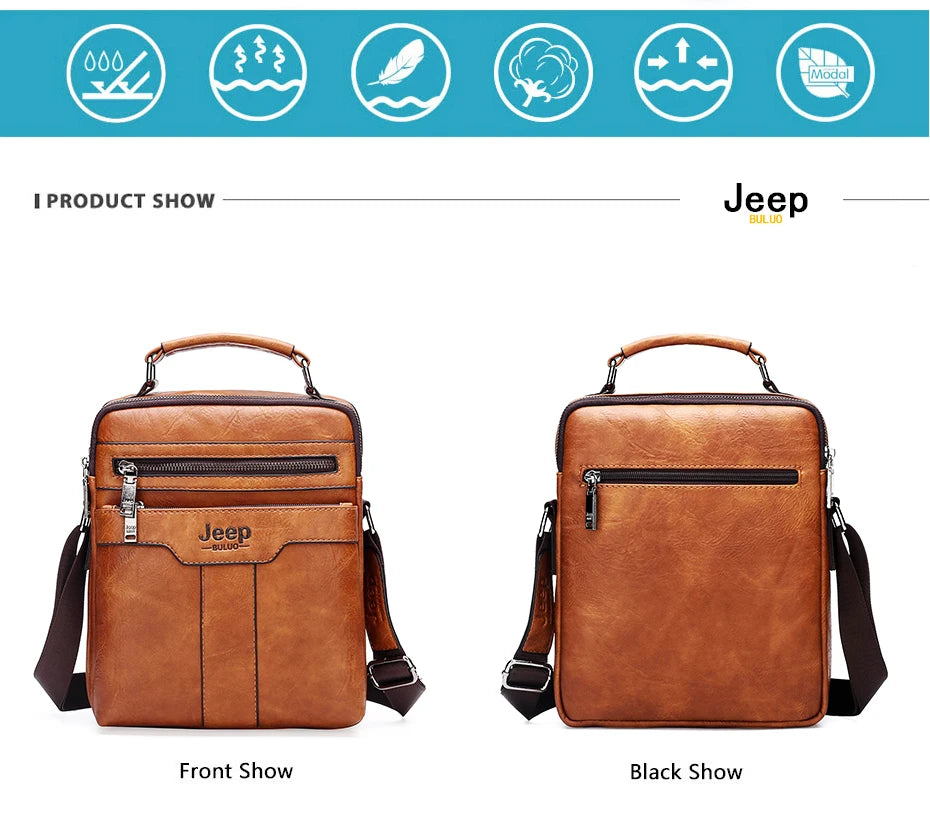 JEEP BULUO  High quality Tote Fashion Business Man Messenger Bag Big Size Split Leather Bags Brand Men's Crossbody Shoulder Bags