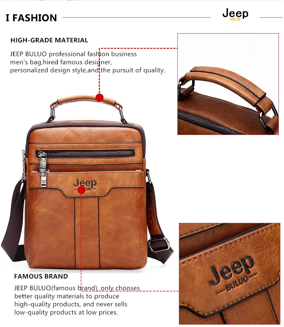 JEEP BULUO  High quality Tote Fashion Business Man Messenger Bag Big Size Split Leather Bags Brand Men's Crossbody Shoulder Bags
