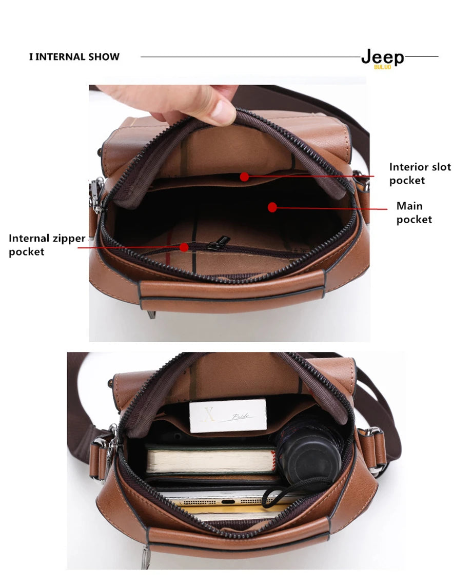 JEEP BULUO Brand Man's Shoulder Messenger Bag New High Quality Leather Crossbody Bags For Men Business Casual Fashion Tote Brown