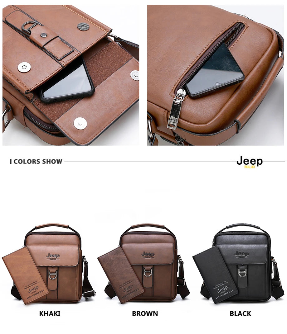JEEP BULUO Brand Man's Shoulder Messenger Bag New High Quality Leather Crossbody Bags For Men Business Casual Fashion Tote Brown