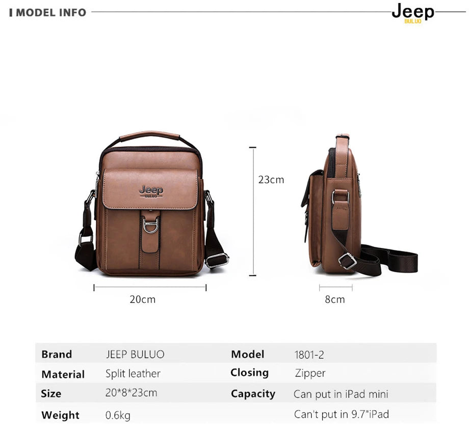 JEEP BULUO Brand Man's Shoulder Messenger Bag New High Quality Leather Crossbody Bags For Men Business Casual Fashion Tote Brown